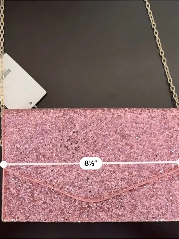 Pink Glitter Envelope Clutch with Gold Plated Chain - Image 4