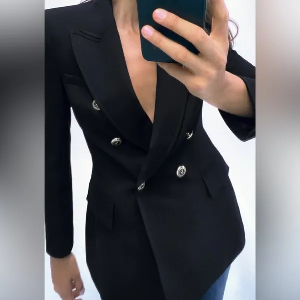 Zara Double Breasted Black Blazer Gold Buttons Padded XS - Image 2