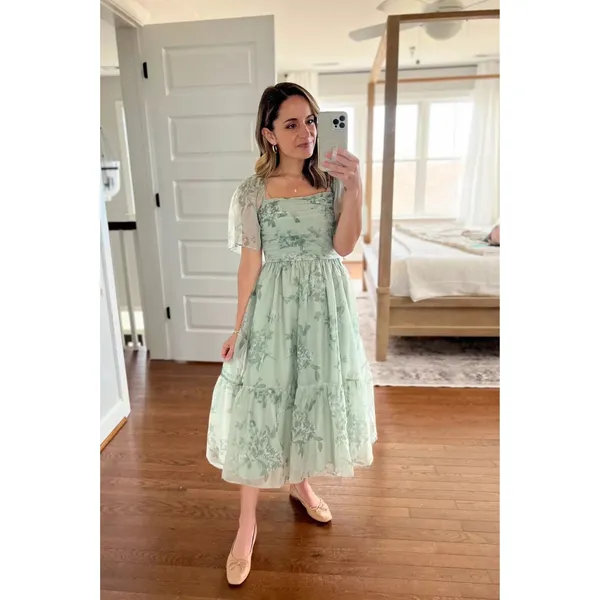 Abercrombie & Fitch Emerson Angel Sleeve Midi Dress Sage Green Floral Small - Image 4