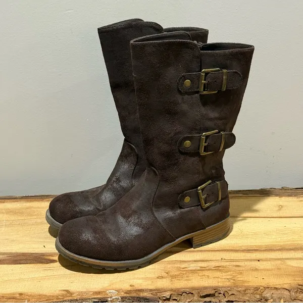 Ruff Hewn Maya Dark Brown Faux Suede‎ Moto Boots Size 8 A37 - Image 2