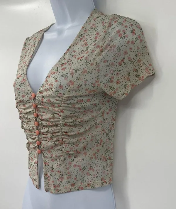 Coquette Y2K Mini Floral Mesh Top Sz M Deep V Ruch Festival Crop Cottage Fairy - Image 6