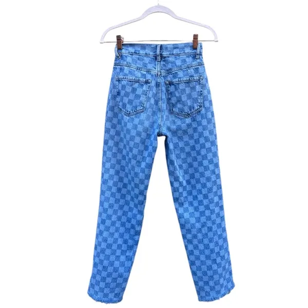 High Rise Straight Leg Raw Hem Checkered Blue Jeans 24 - Image 2