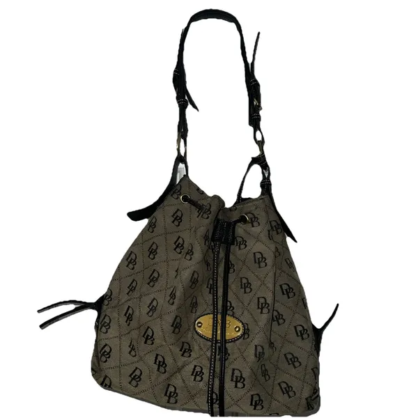 Dooney & Bourke Signature DB Monogram Drawstring‎ Bucket Shoulder Bag Black Gray - Image 2