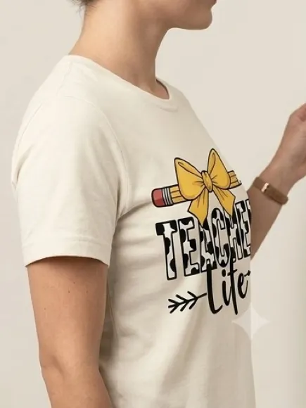 Teacher Life Graphic T-Shirt cream Round Neck Short Sleeve Cotton Tee Size M - Image 4