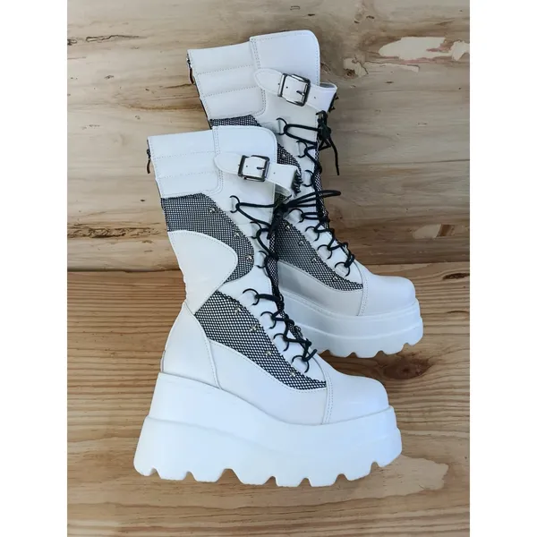 White Platform Knee High Gothic Boots Mesh Straps Studs Lace Up Zip Size 7 US - Image 10