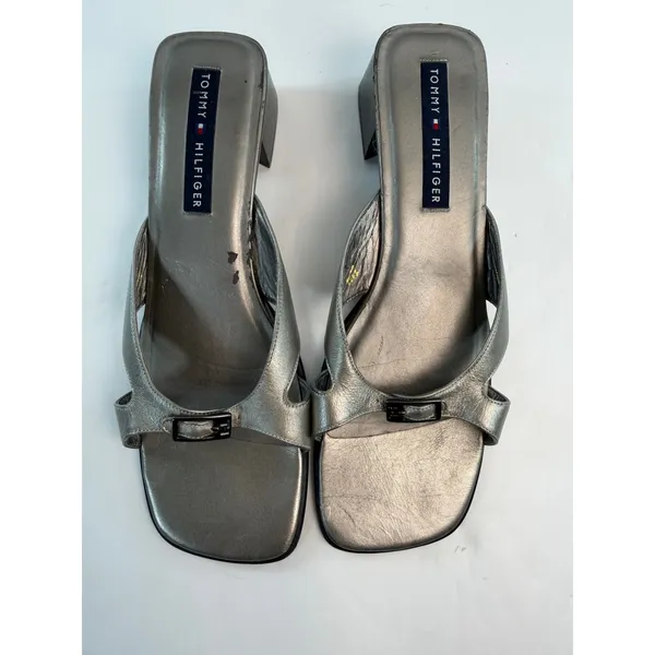 Tommy Hilfiger Vintage Metallic Silver Square Toe Block Heel Mules ALG-425 40 - Image 4