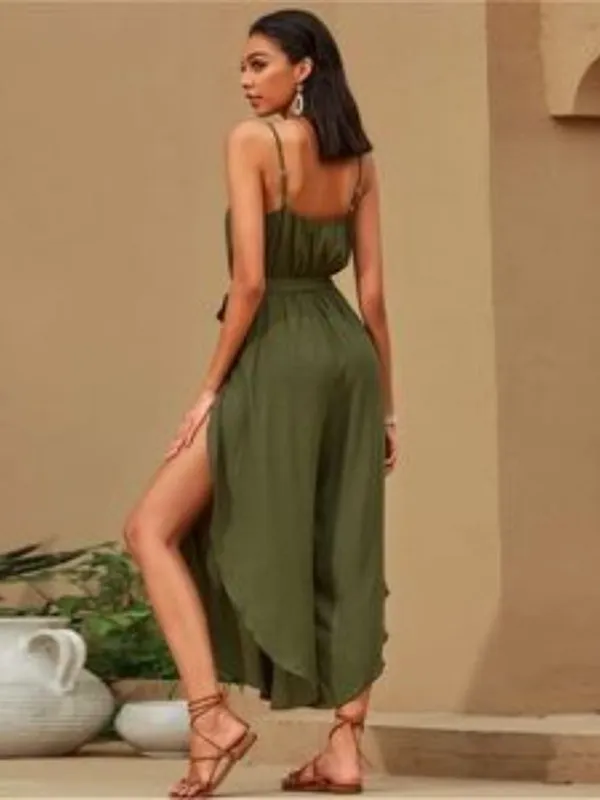 Olive Green High Slit Jumpsuit Spaghetti Strap Belted Wide Leg Boho Women M NWT - Image 3