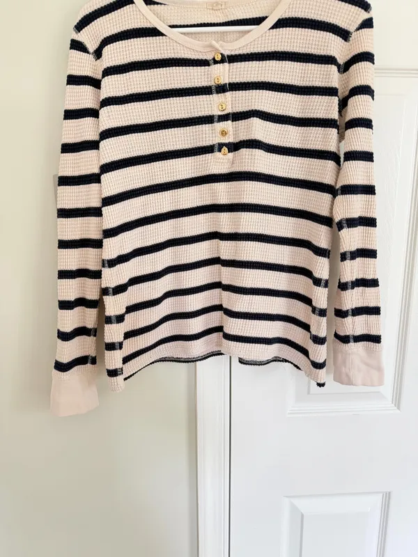 J. Crew Womens Waffle Thermal Henley Top Shirt Striped Blue Ivory Gold Button M - Image 4
