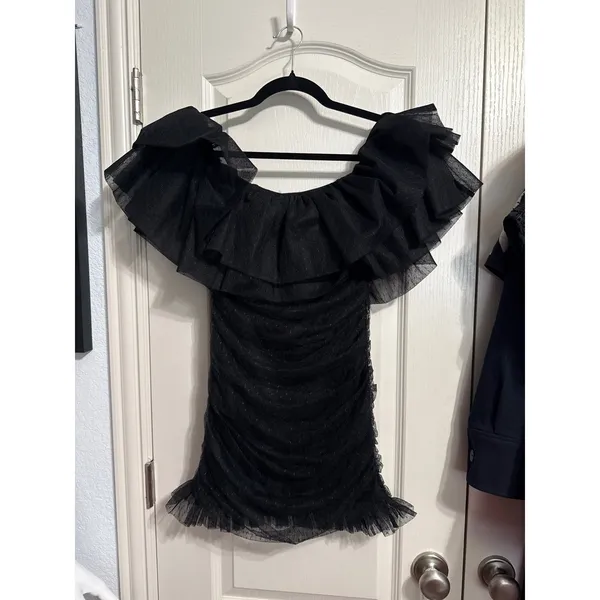 Black Tulle Ruffle Off Shoulder Ruched Mini Dress Coquette‎ Glam Cocktail Party - Image 2