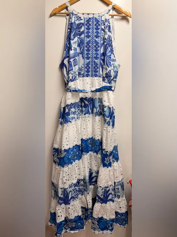 Farm Rio 100% cotton white blue tired maxi dress size xl - Image 10