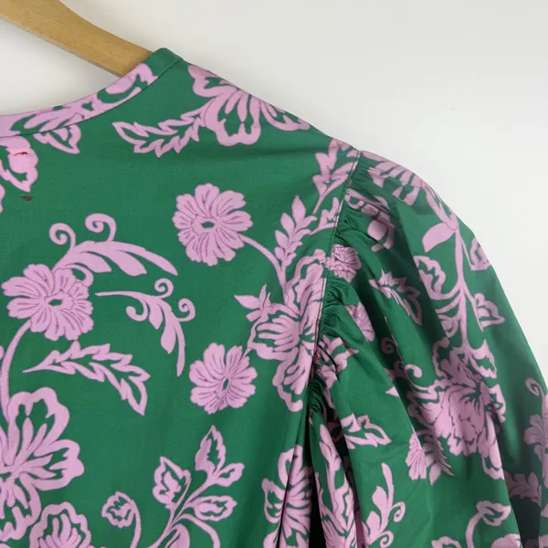 Xirena Aurie Mini Dress Large‎ Green Pink Floral Cotton Puff Sleeve Cottage Boho - Image 5