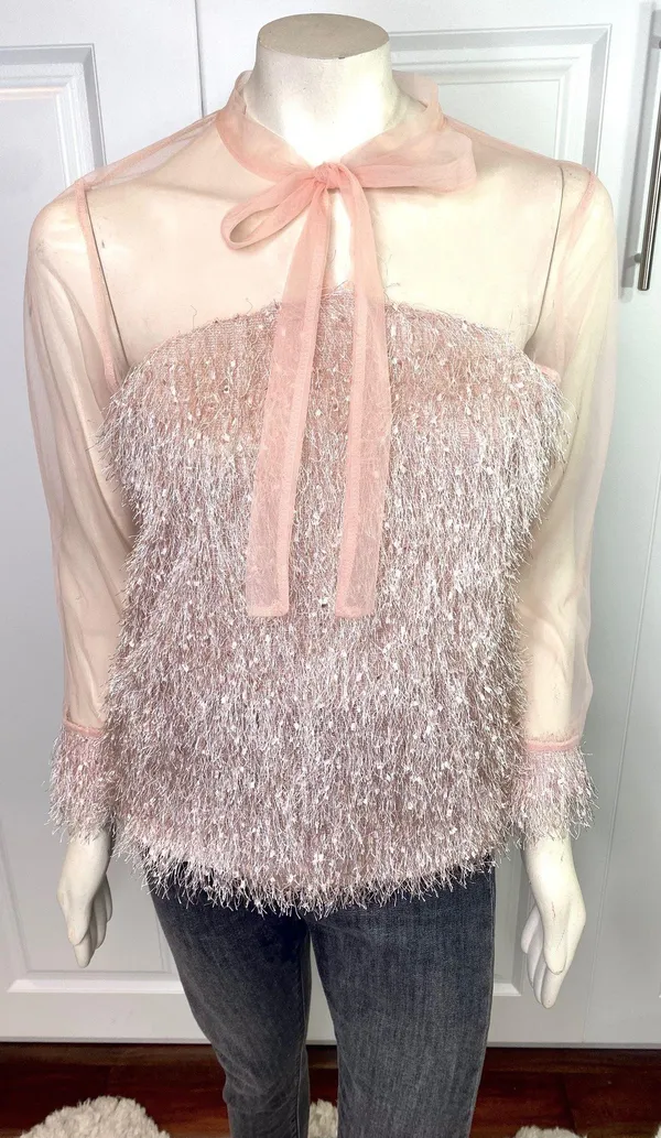 Blush Pink Contrast Mesh Tie Neck Shaggy Fringe Blouse - Image 15
