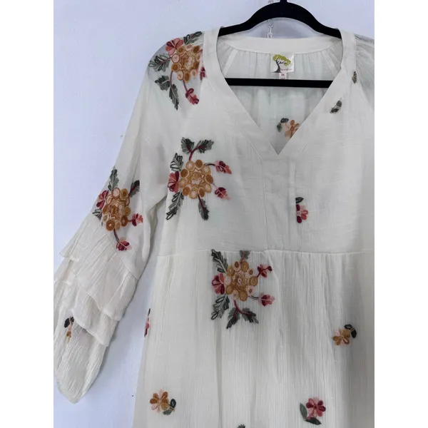 Anthropologie Fly & Flower Cream Embroidered Boho Dress sz M Ruffle Cottagecore - Image 6