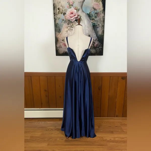 Gorgeous New Lecureler Navy Blue Satin Prom Gown - Image 6