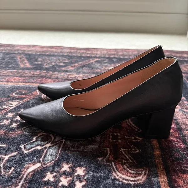Linea Paolo Black Block Heel Pointy Toe‎ Shoes Leather Pumps - Image 4