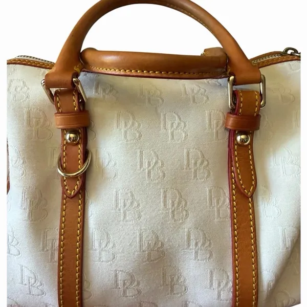 Vintage Dooney & Bourke White Monogram Canvas Barrel Satchel Bag Leather Trim - Image 8