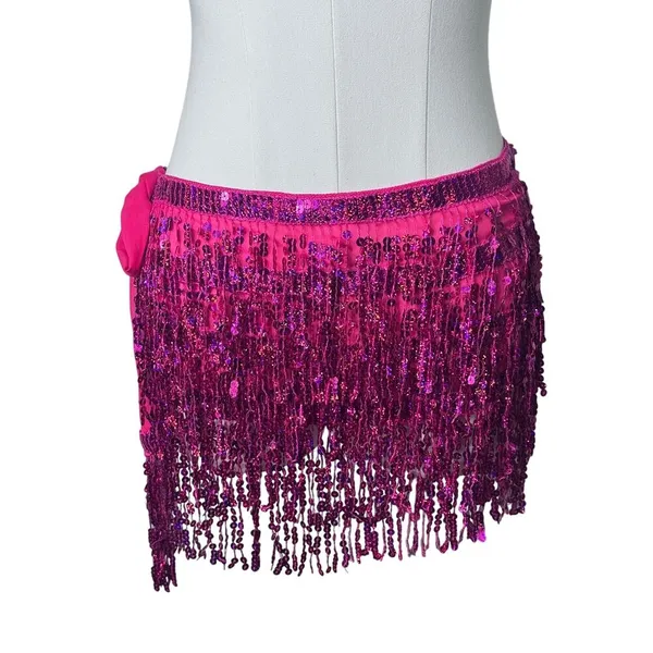 Sequence Skirt Festival Sparkly Tassel Skirt Belly Dance Fringe Hip Scarf Pink - Image 2