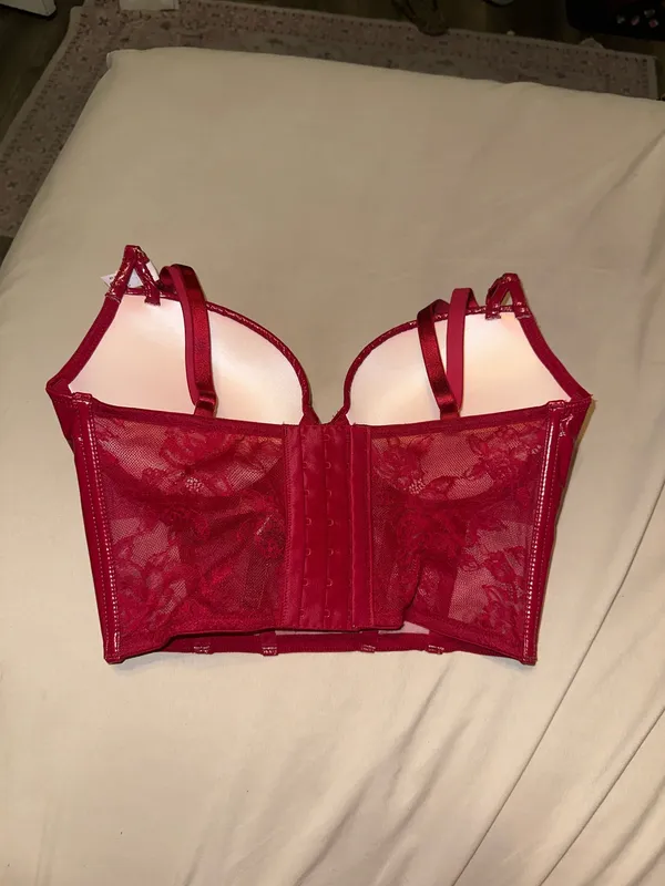 Victoria's Secret red patent leather corset bra with lace detailing - Image 2