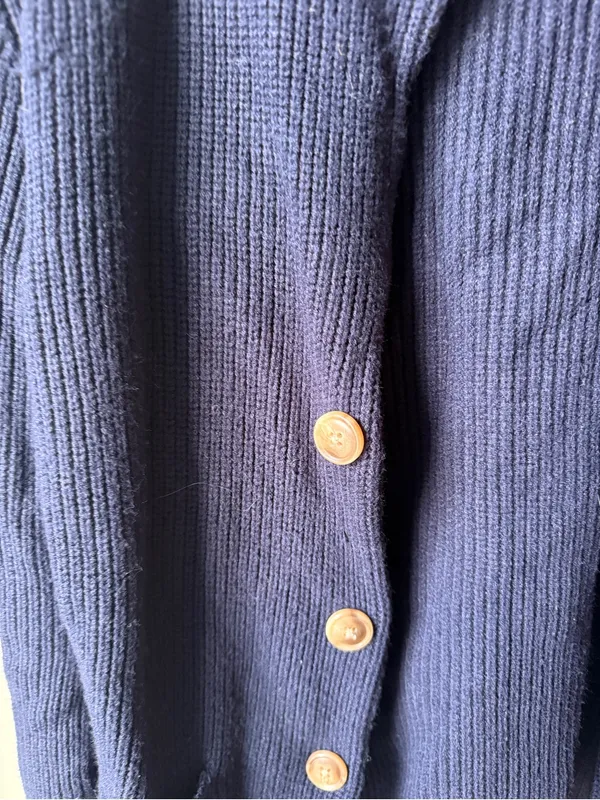 Navy Blue Ribbed Knit Cardigan Sweater Button Front Pockets Medium - Image 3