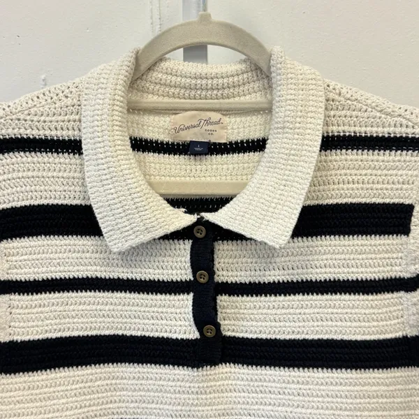 Universal Thread Women's‎ Striped Crochet Polo Knit Sweater White Black Large - Image 5