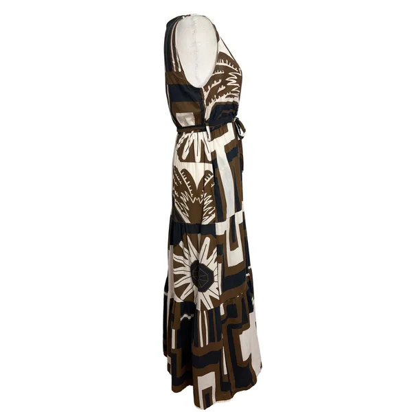 CIVICO 51 Maxi Dress Brown Black Geometric Floral Tiered Boho Made in Italy L - Image 2