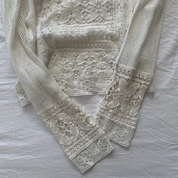 Zara White Cream Netted Long Sleeve Top - Image 6