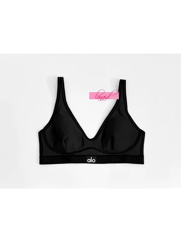 Alo Airlift Line Up Bra Black Padded Velvet Striped Sports Crop Top Bralette S - Image 11