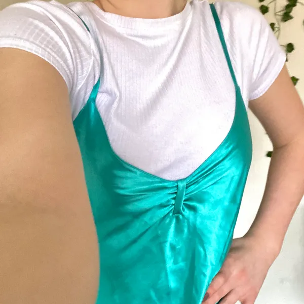 Thalia Sodi Vintage Y2K 90’s Silk Blue Green Lace Panel Slip Nightgown Dress - Image 4