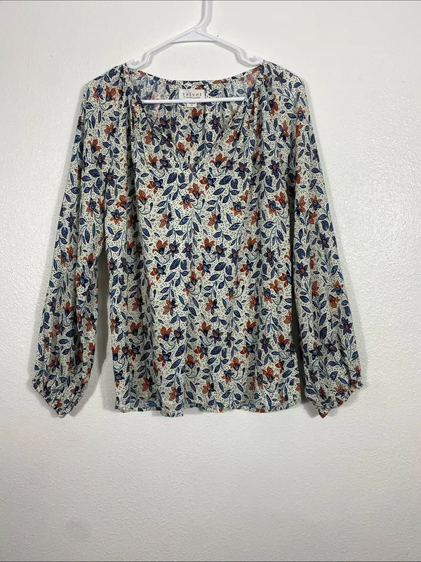 Velvet by Graham & Spencer White Floral V-Neck Blouse with Blue & Brown Accents - Image 2