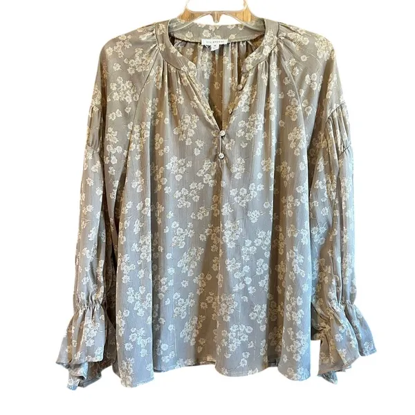 Blu Pepper‎ Size M Emily Khaki Floral Long Sleeve Boho Blouse Tan-Fall Fashion - Image 2