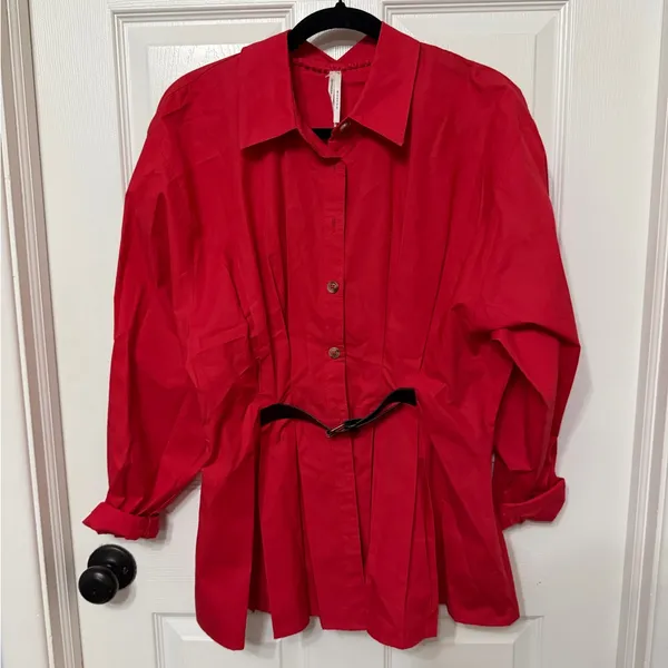 Anthropologie Belted‎ Button down red Shirt with Belt size 8 - Image 3