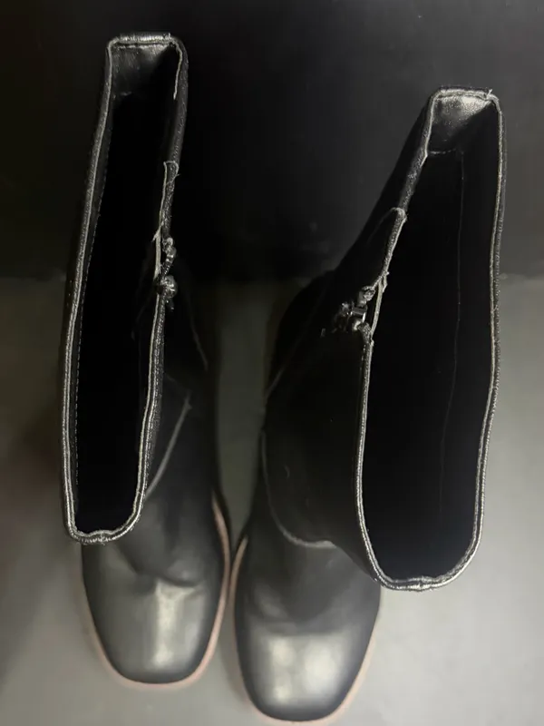 Black Faux Leather Mid-Calf Boots with Stacked Block Heel - Image 2
