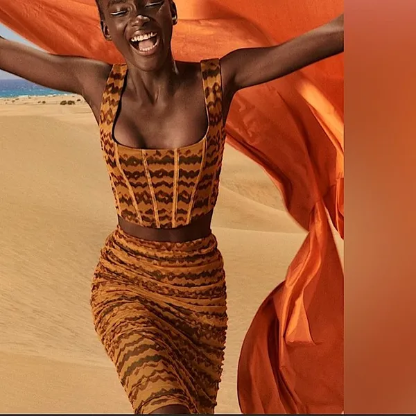 Zara Printed Brown and Orange Tulle Midi Length Fitted Ruche Skirt - Image 3