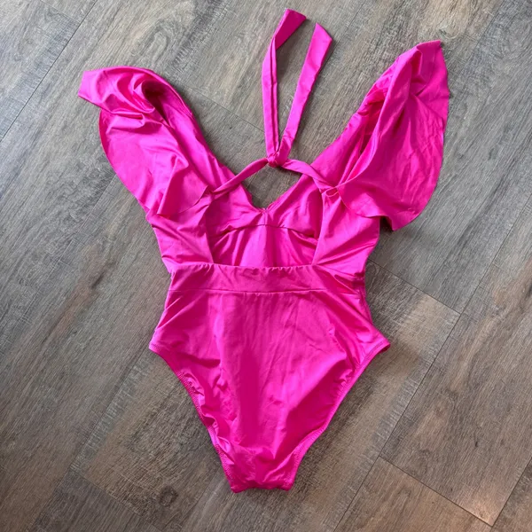 Trina Turk Hot Pink Ruffle V-Neck One Piece Swimsuit Size 8 3491635 - Image 2