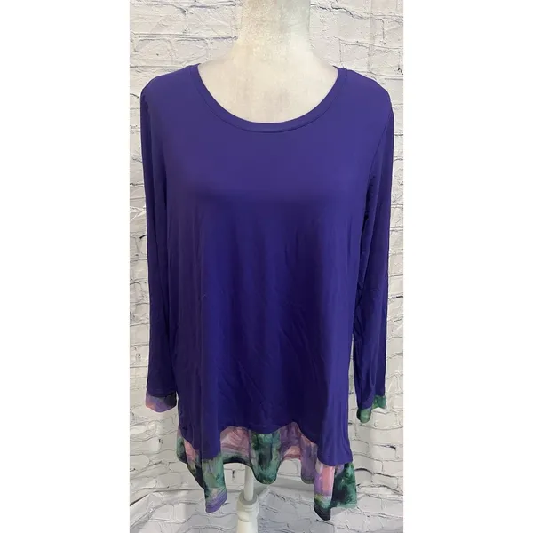 LOGO by Lori Goldstein QVC Rayon Purple Top with Tie-Dye Mesh Hem Size Large - Image 2