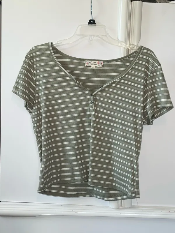 Pink Republic Striped Henley Ribbed Crop Tee – Sage Green & White - Image 2