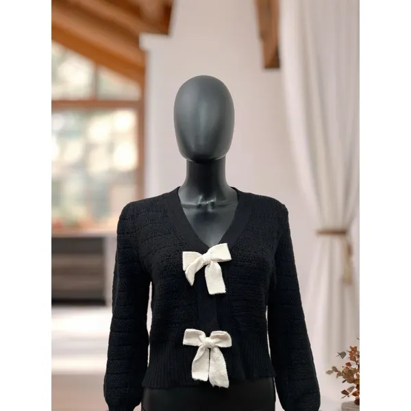 ee:some Black‎ Knit Bow Front Cardigan Sweater Women’s M - Image 2