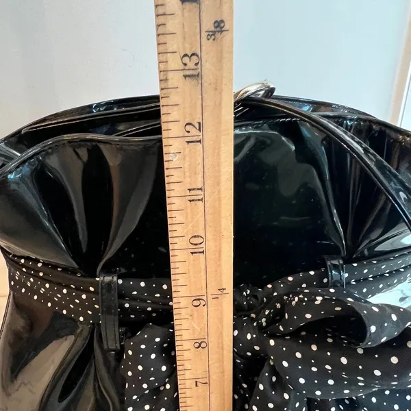 Beijo Black Vegan Patent Leather Paper Bag Handbag Polka Dot Scarf Twee Preppy - Image 14