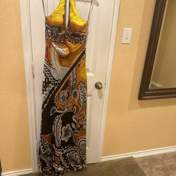 MARY L COUTURE Beads Halter print Dress Sz 10 Yellow Multi 100% SILK - Image 7