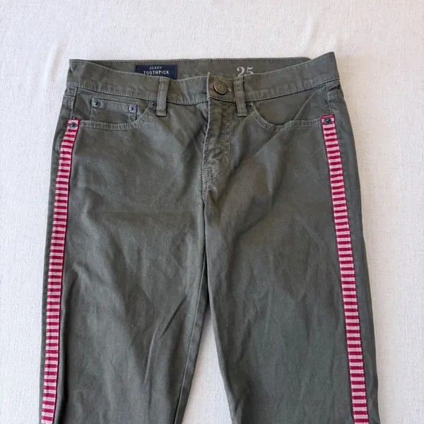 J Crew‎ Toothpick Ankle Pants 25 Olive Side Stripe Skinny Stretch - Image 3