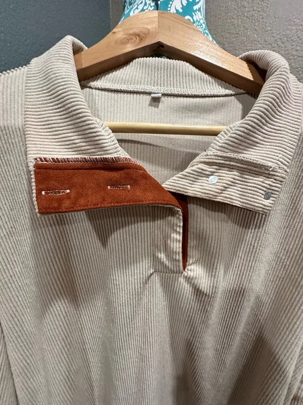 Men’s stylish unique corduroy XL collard pullover Tan - Image 5