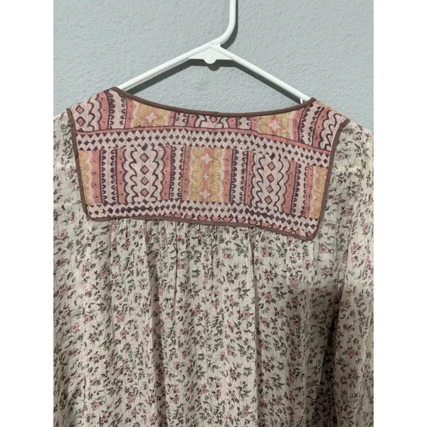 Free People Blouse S Floral Metallic Tassel Peasant Blouse Pink Cream Cottage - Image 6