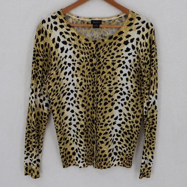 Leopard Animal Print Cardigan Sweater Womens Size M Yellow Black Cheetah - Image 2