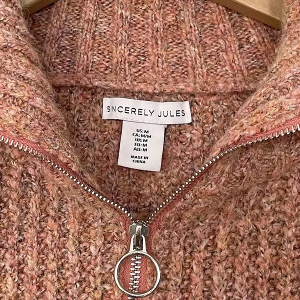 Sincerely Jules Size Medium Pink Wool Blend Cropped Chunky 1/4 Zip Sweater Boho - Image 4