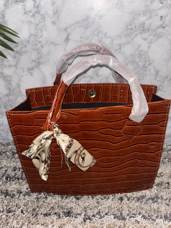 Brown Croc Embossed Top Handle Handbag with Scarf - Image 3