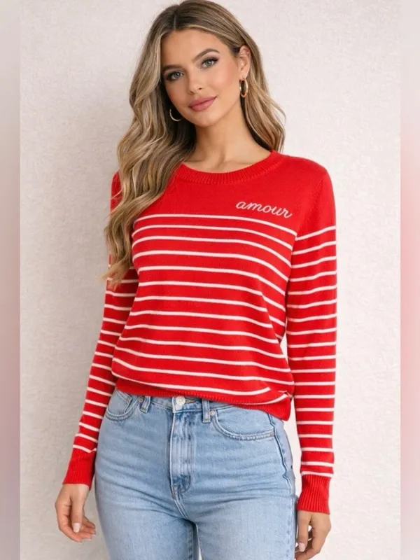 Red Striped Sweater with 'Amour' Embroidery Long Sleeve - Image 7