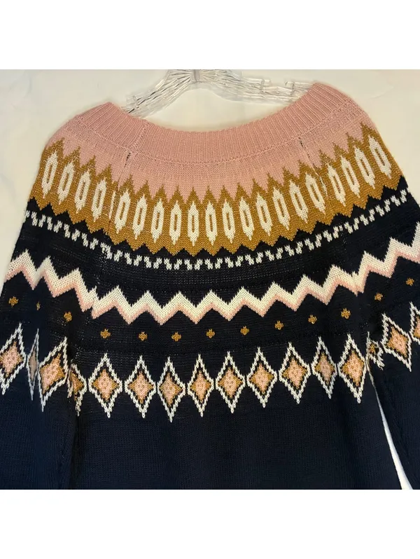 Crown Ivy Preppy Fair Isle Nordic Knit Pullover Soft Sweater Navy Pink Gold Sz M - Image 4