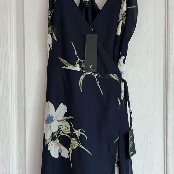 Lulus All Mine Navy Blue Floral Print High-Low‎ Wrap Dress M 65229 NWT - Image 14