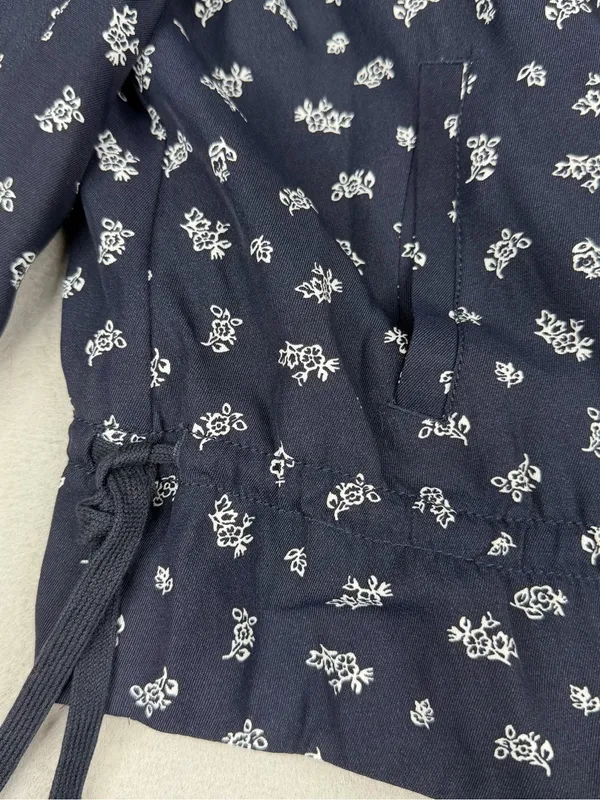 LOFT Navy Floral Zip Front Peplum Jacket Blouse Tie Waist Lined Medium - Image 4