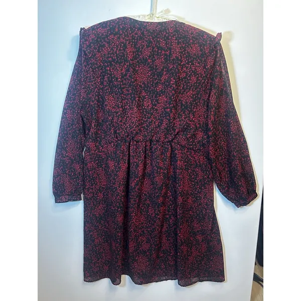 BeachLunchLounge XL Red Black Print Ruffle Long Sleeve Lined Chiffon Shift Dress - Image 15